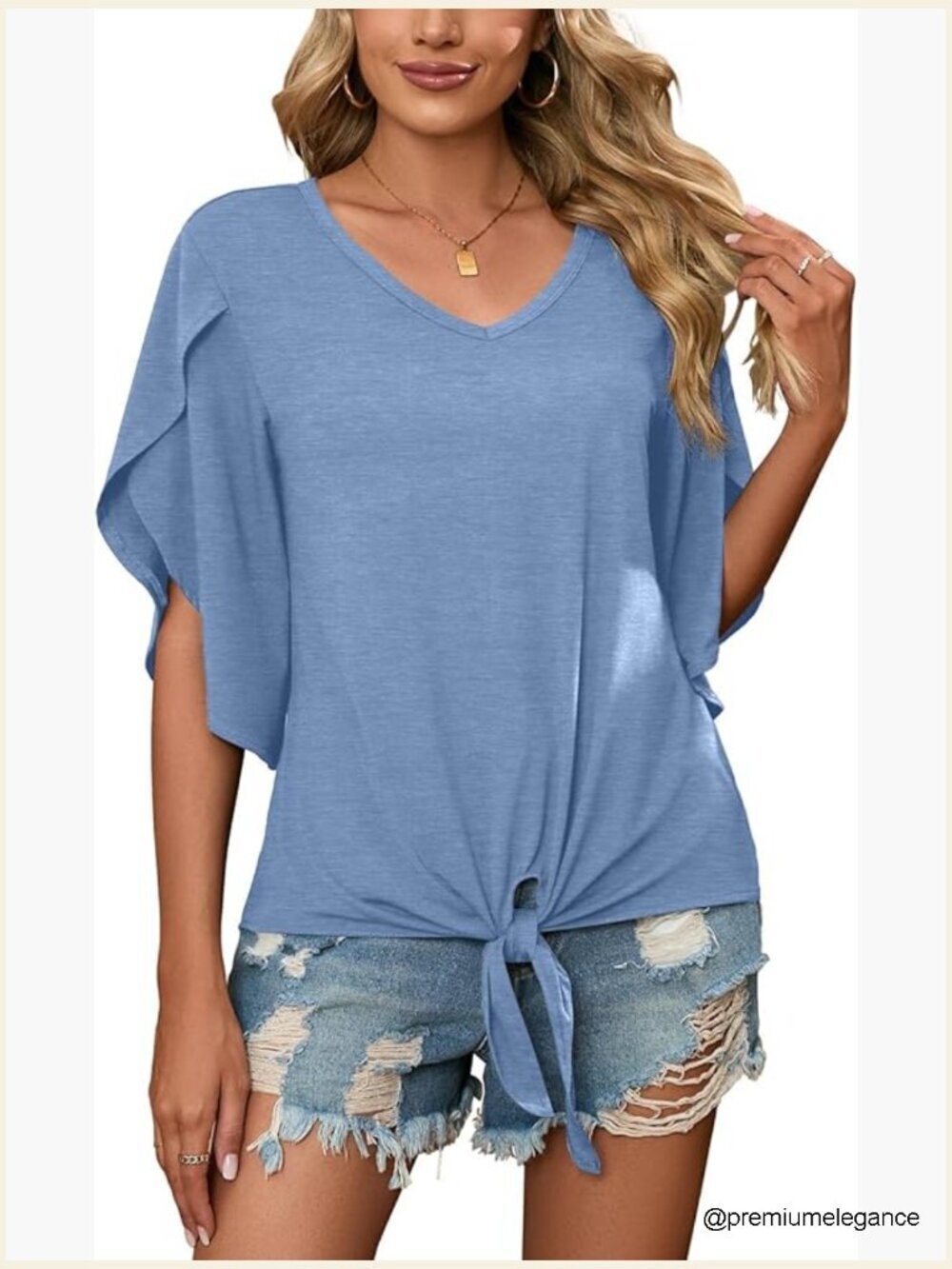 Women's V Neck Tie Front Blouse 3/4 Split Sleeve Knot Top T Shirt